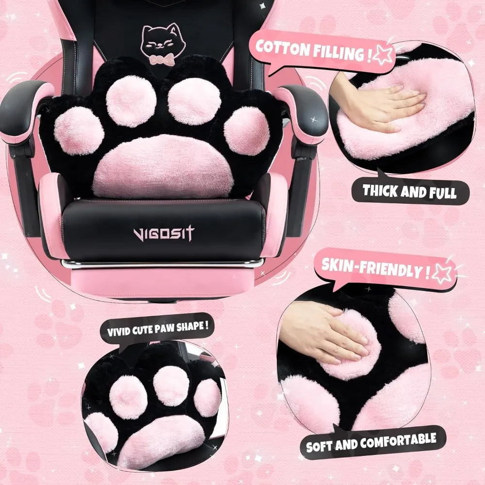 Cute Gaming Chair with Cat Paw Lumbar Cushion and Cat Ears, Ergonomic Computer Chair with Footrest