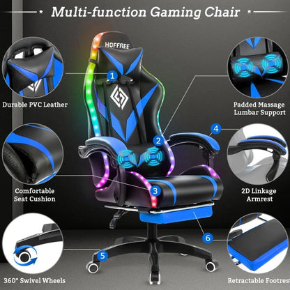 Gaming Chair with Massage and LED Lights Ergonomic Game Chairs