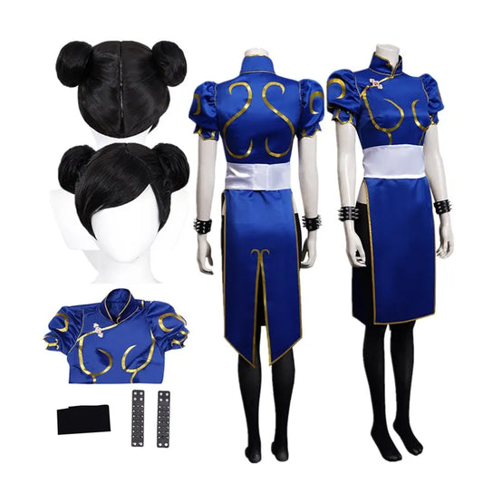 Adult Fantasia Chun Li Cosplay Costume Women Cheongsam Dress Wig Belt Role Play Outfits Halloween Party Carnival Suit