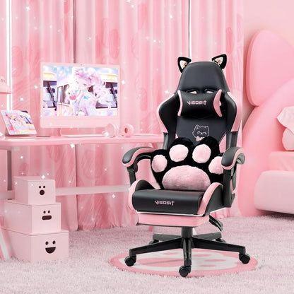 Cute Gaming Chair with Cat Paw Lumbar Cushion and Cat Ears, Ergonomic Computer Chair with Footrest