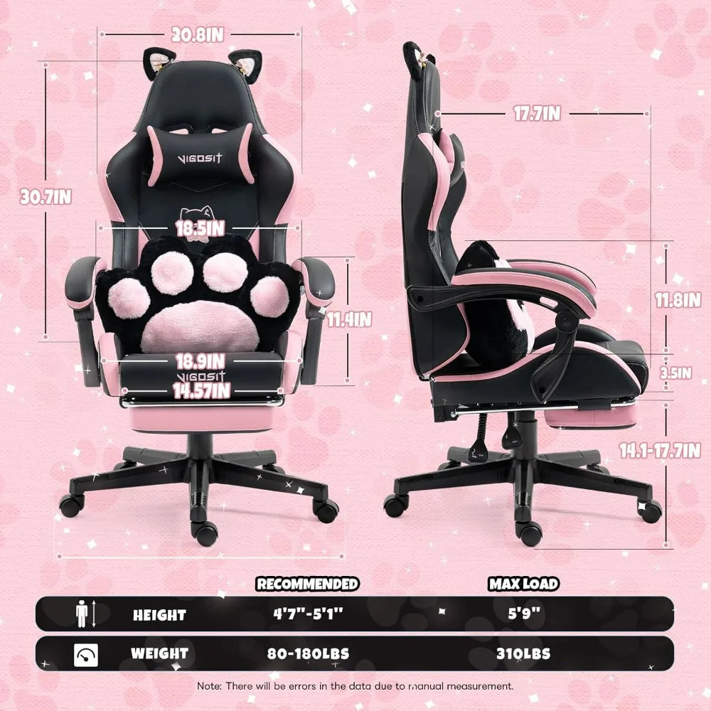 Cute Gaming Chair with Cat Paw Lumbar Cushion and Cat Ears, Ergonomic Computer Chair with Footrest