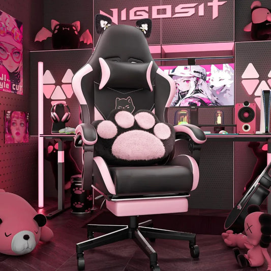 Cute Gaming Chair with Cat Paw Lumbar Cushion and Cat Ears, Ergonomic Computer Chair with Footrest