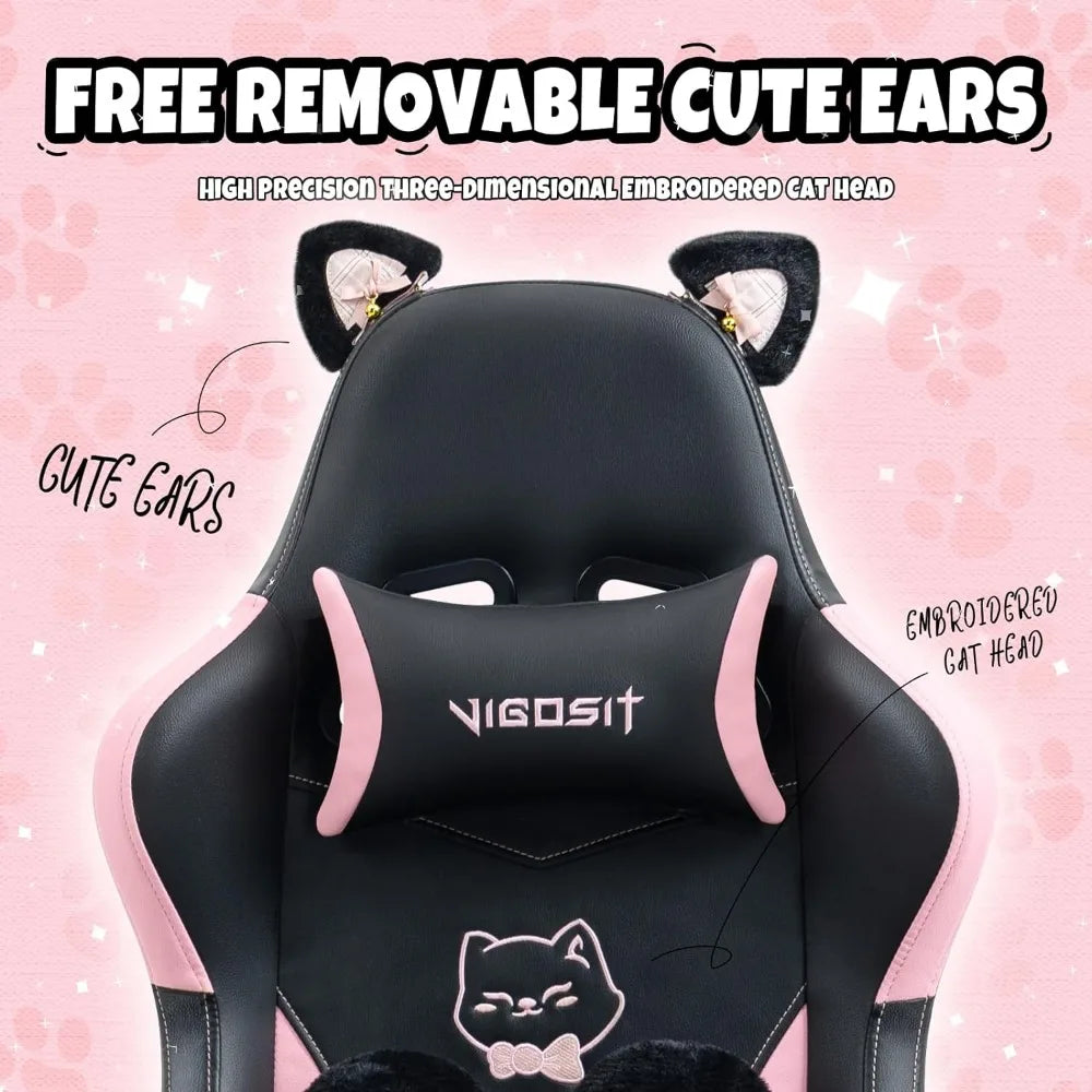 Cute Gaming Chair with Cat Paw Lumbar Cushion and Cat Ears, Ergonomic Computer Chair with Footrest